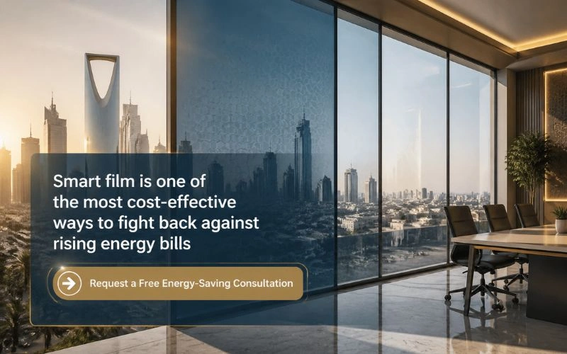 PDLC smart film reducing energy costs on building windows in Saudi Arabia