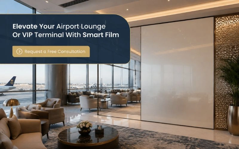 Private VIP lounge suite with switchable smart film glass partition at a Saudi airport terminal